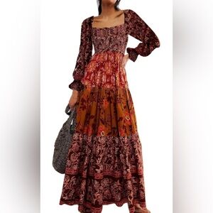 Women Floral Maxi Dress Long Sleeve Square Neck Bohemian Flowy Smocked Dress